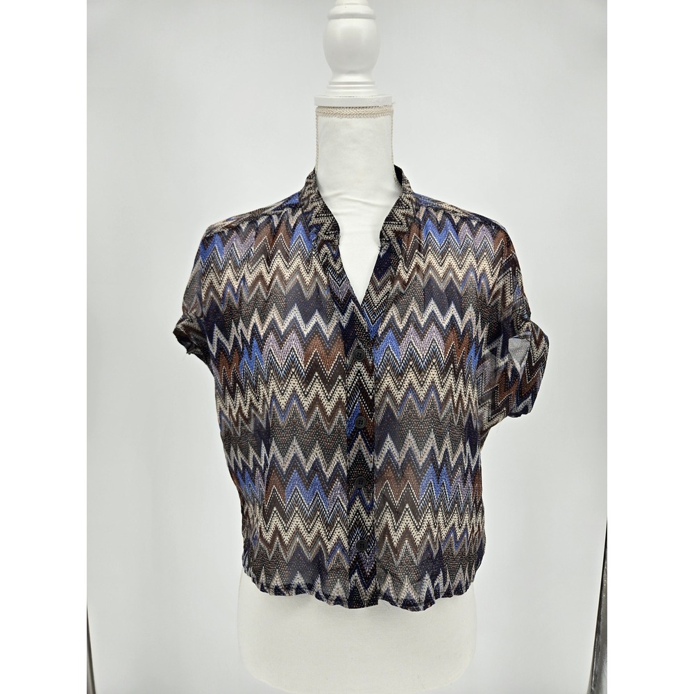 Mood Code Women Blue‎ Brown Chevron Zigzag Sheer Button Up Boxy Blouse KT3881